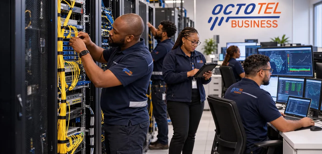 Octotel technicians working in a server room
