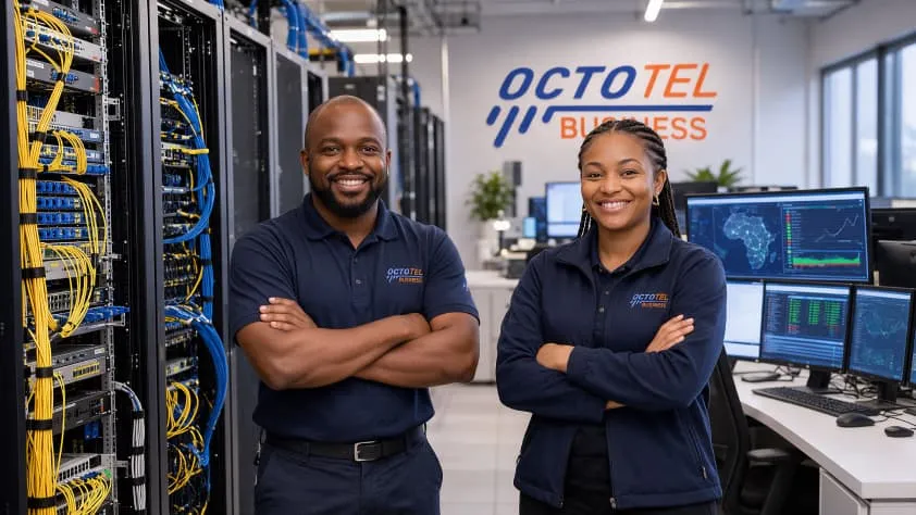 Octotel technicians standing in a server room