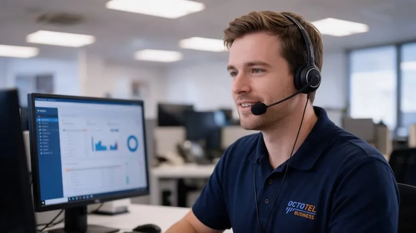 Octotel support agent wearing a headset at his desk